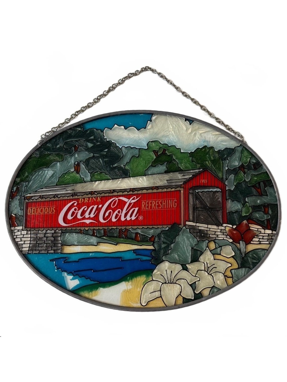 Vintage Coca-Cola Covered Bridge Faux Stained Glass Wall Hanging